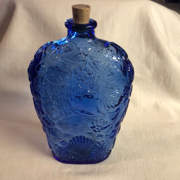 Cobalt Blue Bottle with Sea Shell Design by Libbey Made in Canada - Picture 1 of 10